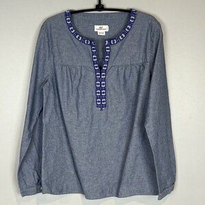 Vineyard Vines Chambray Blouse Embroidered Henley Neckline Size Small